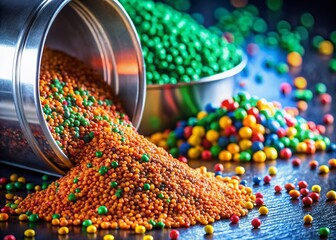 Minimalist Shot of Plastic Pellets Being Poured into a Metal Container, Capturing the Movement and Texture of Pellets in a Clean, Simple Composition