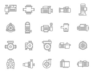 Water pump electric and manual plumbing system line art icon set vector illustration