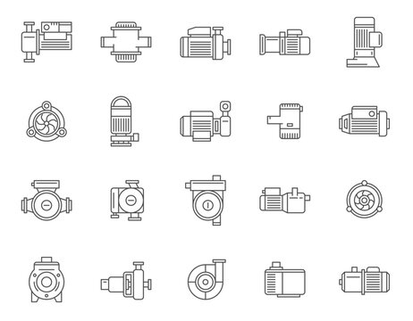 Water pump electric and manual plumbing system line art icon set vector illustration