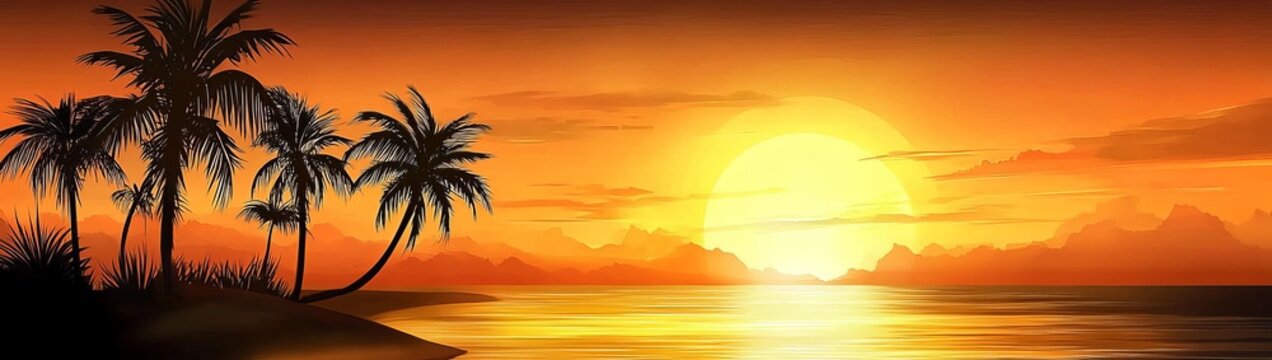 Tranquil beach scene featuring palm trees at dusk during sunset.