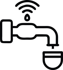 Smart Faucet Icon with Cup and Wireless Signal, Outline icon of a smart faucet with a wireless signal, water droplet, and cup, representing IoT technology and water usage.
