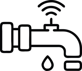 Smart Faucet Icon with Wireless Signal, Black-and-white outline icon of a smart faucet with a wireless signal and water droplet, symbolizing IoT and water management.
