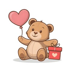 Obraz premium Cute teddy bear sitting holding a heart balloon and a red gift box with a heart design