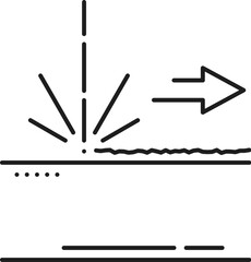 Laser cutting ablation manufacture equipment line icon. CNC marking equipment outline pictogram, laser etching production technology or steel metalwork industry thin line vector symbol or icon