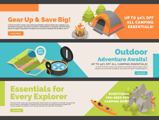 Camping equipment sale web banner landing page design template set isometric vector illustration