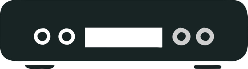 Minimalist Black Audio Receiver Icon, Flat illustration of a black audio receiver with knobs and a display, ideal for sound systems, technology, and home entertainment.
