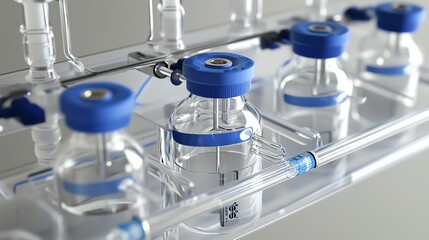 Fototapeta premium Close-up of clear lab vials with blue caps on sterile production line.