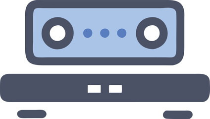 Stylized Icon of Audio System with Speakers, Modern flat illustration of an audio system with speakers and control unit, representing sound technology and home entertainment.
