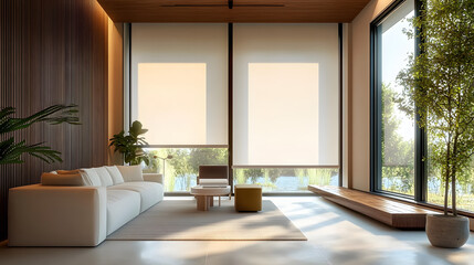A modern interior featuring large roller blinds and automatic solar shades, complemented by wooden decor panels that add warmth to the space