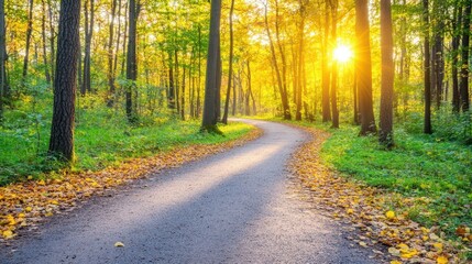 Fototapeta premium Golden autumn pathway scenic forest nature photography vibrant environment serene viewpoint tranquility concept