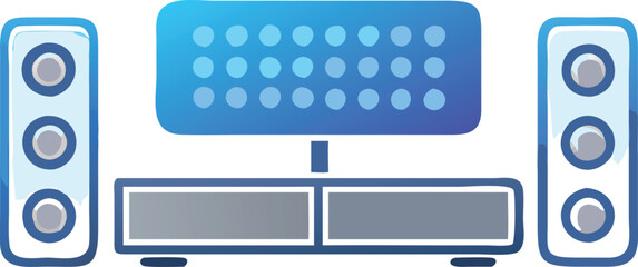 Stylized Icon of Home Audio System with Speakers, Colorful illustration of a home audio system with speakers and central unit, representing modern sound and entertainment technology.
