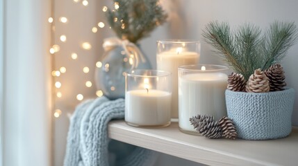 Shelf with hygge Christmas decor - pine branches, candles, vase, lights string garland, winter holidays still life in natural colors, AI generated image