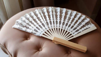 A retro handheld fan with delicate lace detailing, resting on a velvet cushion. Generative AI