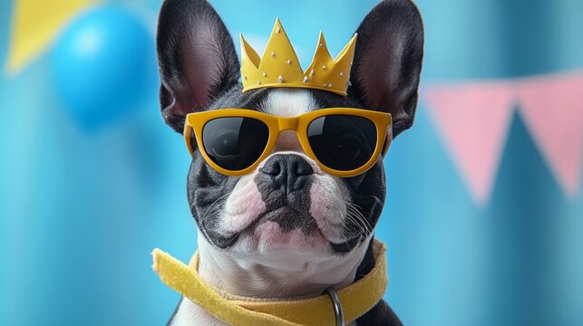 A charming dog adorned with a yellow crown and sunglasses poses confidently against a colorful backdrop during National Puppy Day festivities