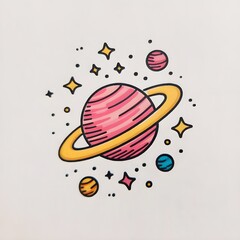 Vibrant illustration and colorful of a planet Saturn, surrounded by a ring. including stars and smaller planets or moons