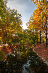 Budapest City Park (varosliget in Hungarian) during a beautiful autumn day, with orange vivid trees and lake in the middle of this park from Hungary. Sunny autumn day. Travel to Budapest.