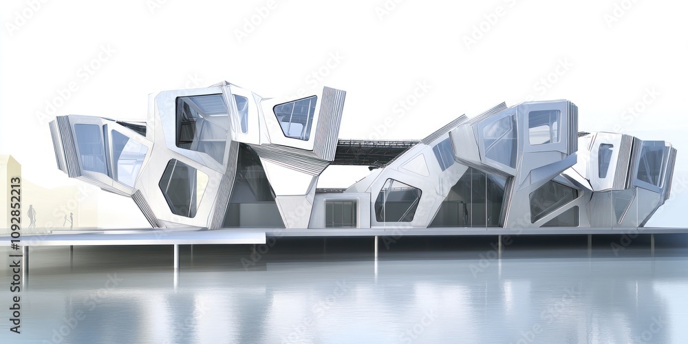 Poster modern architectural design featuring angular forms and large glass windows by a water body.