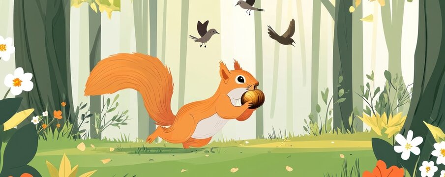 A playful squirrel runs through a vibrant forest, carrying an acorn amidst flying birds.