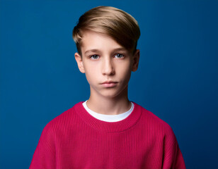 Fototapeta premium Portrait of teenager boy against blue studio background