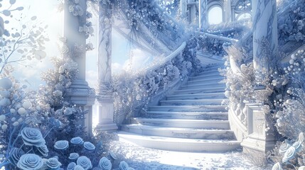 Winter marble stairs and arches with flower and leaves garlands, fantasy fairy palace, heaven stone stair with floral decorations, fairytale princess castle interior, AI generated image