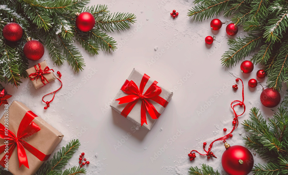 Poster box with a red ribbon sits on a white background. there are many red and white christmas decorations
