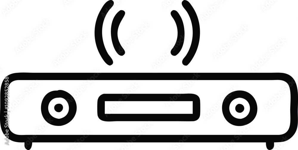 Poster minimalist wireless router with signal waves, black outline illustration of a wireless router emitti