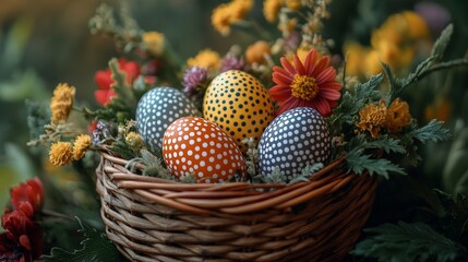 Fototapeta premium Polka-dot Easter eggs in wicker basket with spring flowers on wooden background