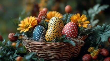 Fototapeta premium Polka-dot Easter eggs in wicker basket with spring flowers on wooden background