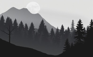 monochrome landscape, misty mountain silhouette, layered forest, pine trees, atmospheric perspective, minimalist design, grayscale gradient, serene nature scene, foggy valley, tranquil wilderness, gra