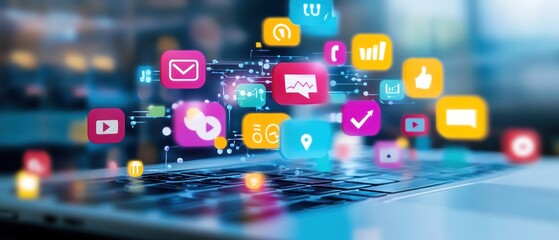 Colorful social media icons floating above a laptop, symbolizing digital communication.