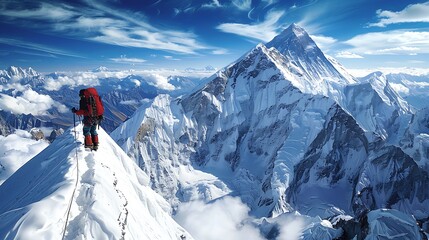 A climber stands on a snowy peak, overlooking majestic mountains under a vibrant sky, symbolizing adventure and achievement.