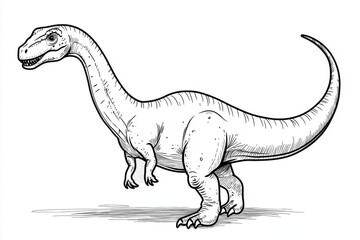 Fototapeta premium coloring page for kids, A long-necked, dinosaur with standing upright on with two hind legs and four toes. it has two arms and five claws, that is in the air. on a white background,