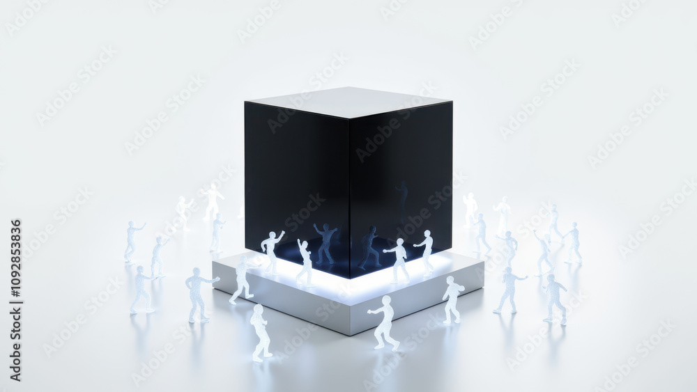 Poster this image shows an artistic representation with human figures standing around what appears to be a 