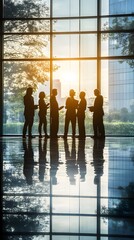 A group of business people in silhouette, standing and talking with their shadows cast on the floor by large windows behind them.