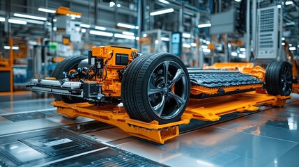 Battery installation on an electric vehicle production line in a factory.