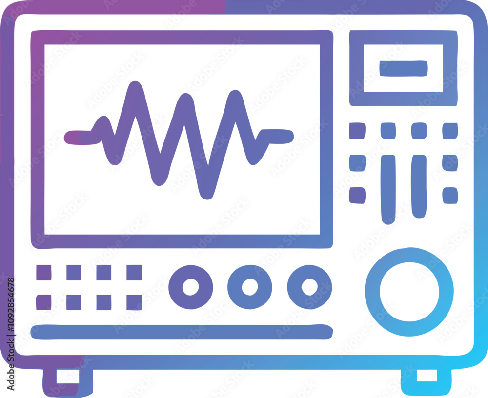 Poster gradient oscilloscope with waveform display, line art illustration of an oscilloscope in gradient co