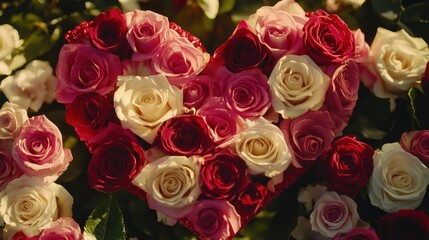 Obraz premium A heart-shaped arrangement of roses in various colors, symbolizing love and affection.