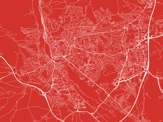 Christmas Map of Exeter, United Kingdom in Snowy White on Festive Red Background.