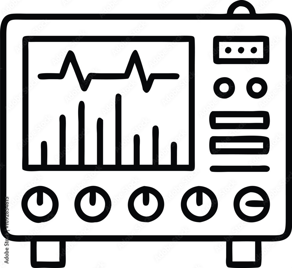 Poster oscilloscope with waveform display icon, black outline illustration of an oscilloscope featuring a s
