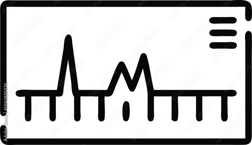 Poster audio frequency waveform icon in outline, black outline illustration of an audio frequency waveform 