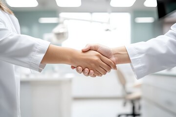 Two doctors in white lab coats are shaking hands in a well-lit medical facility, representing professionalism, trust, and successful collaboration in healthcare.