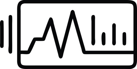 Audio waveform icon in black outline, Minimalist black outline illustration of an audio waveform and sound bars inside a rectangular frame, representing sound or music visualization.
