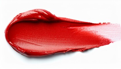 Lipstick smear smudge swatch isolated on white background. Cream makeup texture. Bright red color cosmetic product brush stroke swipe sampled, isolated, 