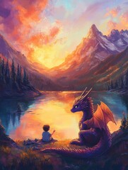 Digital, Hand draw Illustration art of dragon with boy sunset for book (3:4)