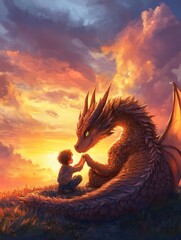 Digital, Hand draw Illustration art of dragon with boy sunset for book (3:4)