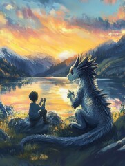 Digital, Hand draw Illustration art of dragon with boy sunset for book (3:4)