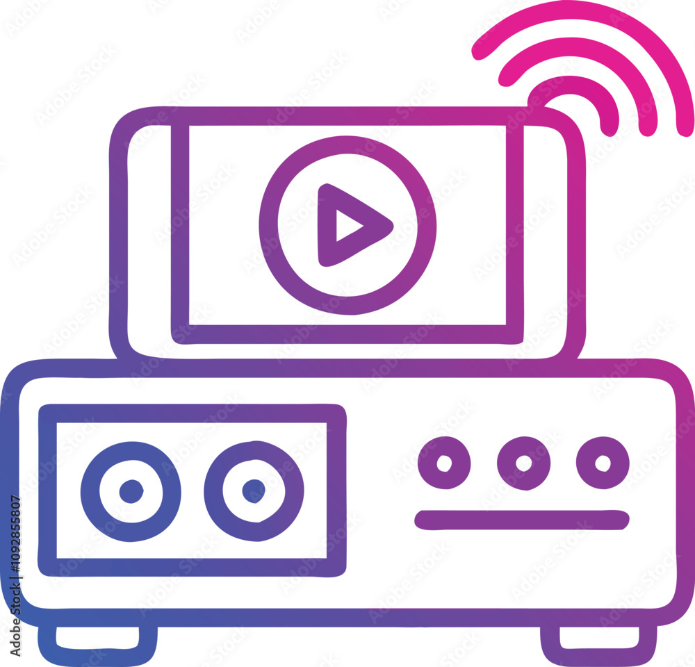 Poster gradient media player with play button and wi-fi, line art illustration of a media player featuring 