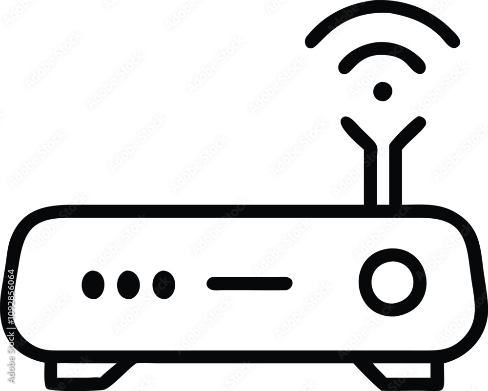 Aufkleber wi-fi router icon with signal waves, black outline illustration of a wireless wi-fi router featuring