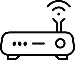 Wi-Fi router icon with signal waves, Black outline illustration of a wireless Wi-Fi router featuring an antenna and signal waves, designed in a simple and modern style.
