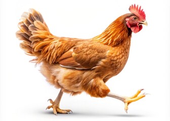 Fototapeta premium Isolated Running Hen on a White Background with Ample Copy Space for Creative Uses in Agriculture, Farming, or Poultry-Related Projects
